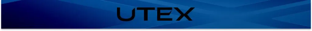 Синее лого с текстом UTEX на темном фоне