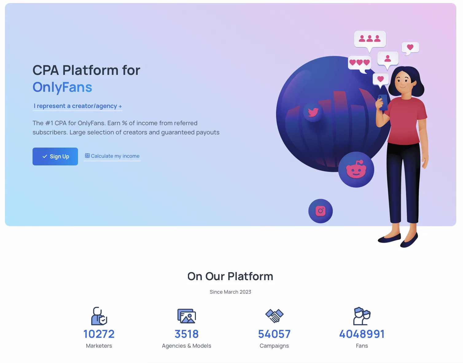CPA platform for OnlyFans with stats on marketers, agencies, campaigns, and fans.