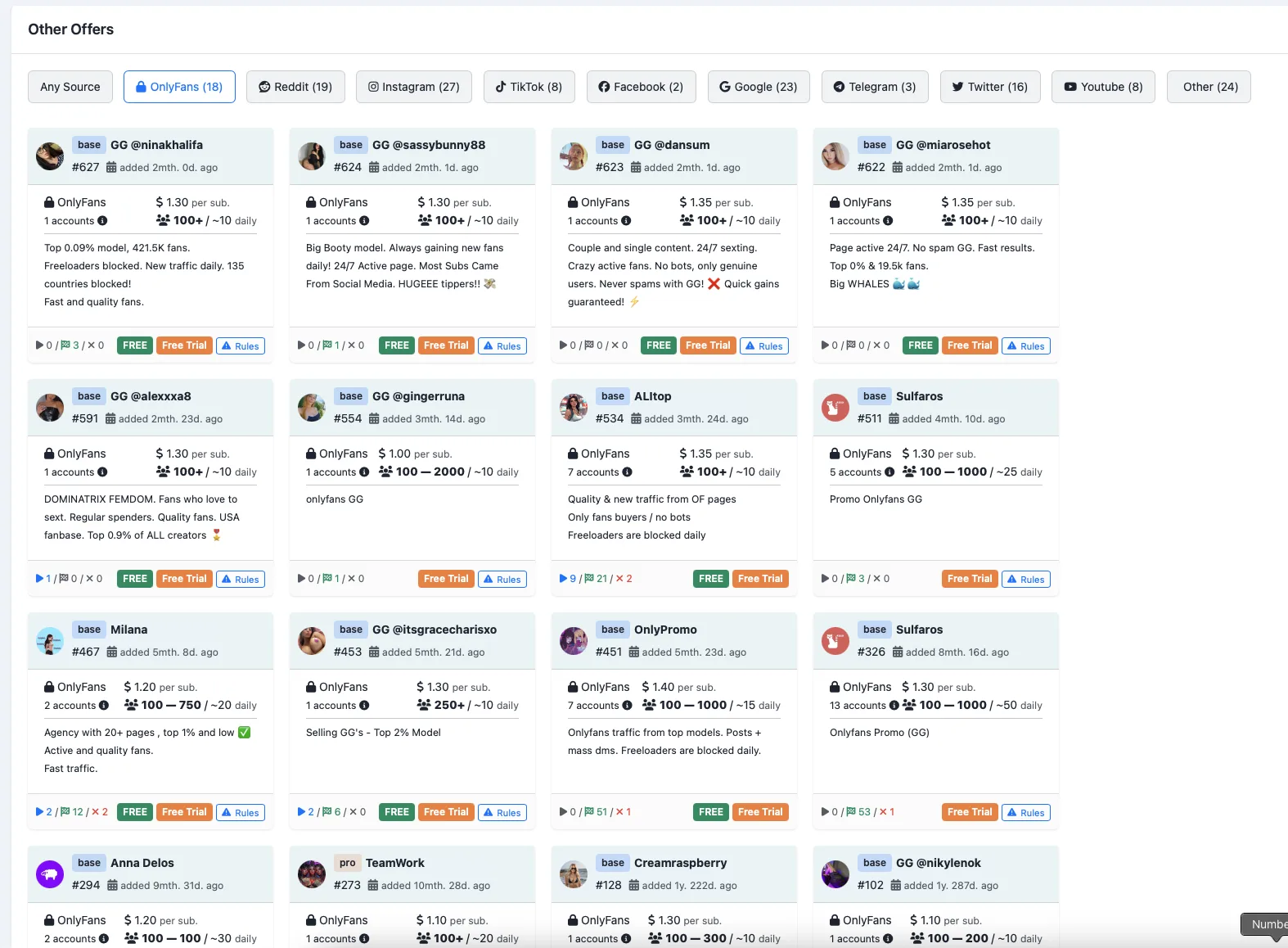 OnlyFans affiliate offers dashboard showing payouts, accounts, and traffic stats.