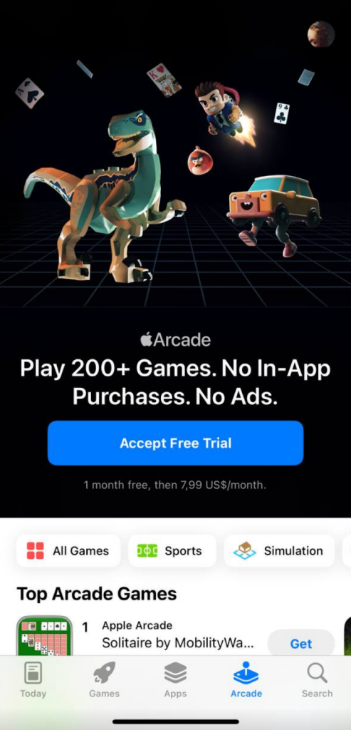 Пробная версия Apple Arcade с играми без рекламы и покупок