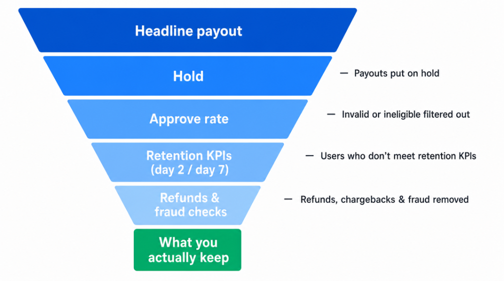 what cuts affiliate earnings on app offers: hold, approve rate, retention KPIs, refunds and fraud