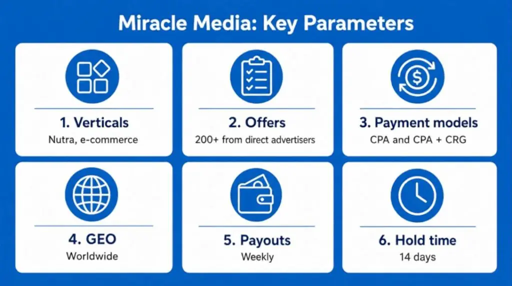 Infographic showing Miracle Media key parameters: verticals, offers, payment models, GEO, payouts and hold time