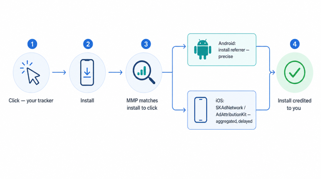 how mobile app installs are attributed: click, install, MMP matching on Android and iOS