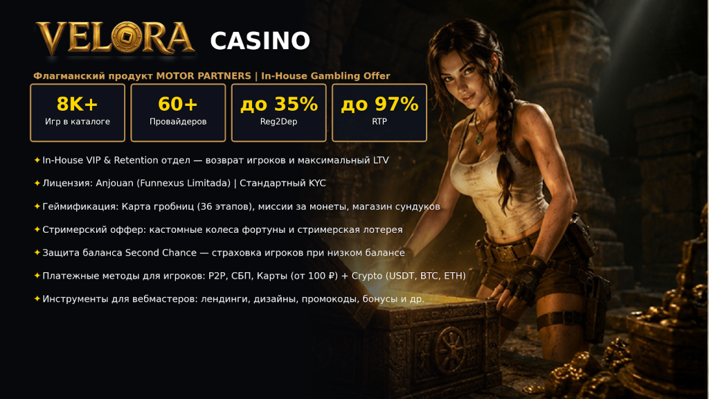 Презентация казино Velora с цифрами по играм, RTP и реверше для партнёрской программы Motor Partners