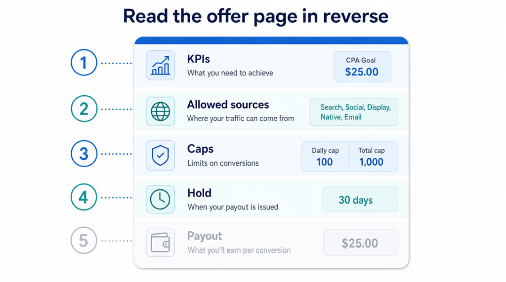 Infographic showing how to read an affiliate offer page in reverse order, from KPIs to payout