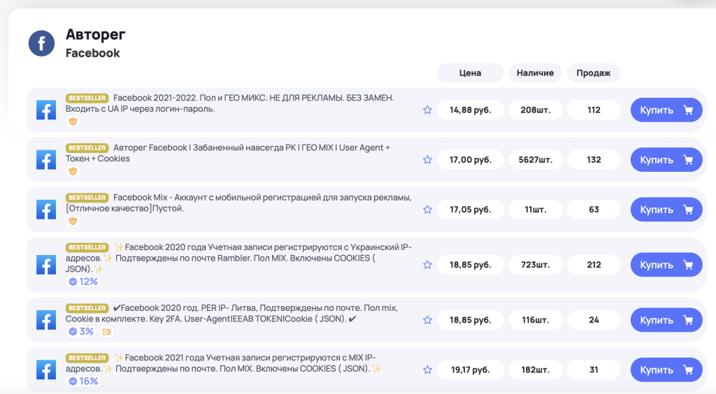 Цены на аккаунты Facebook в Dark Shopping