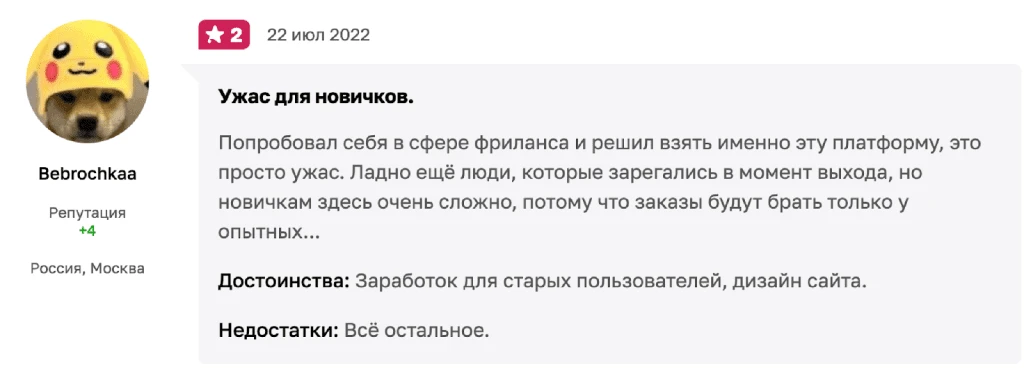 Отзыв пользователя на платформу фриланса.
