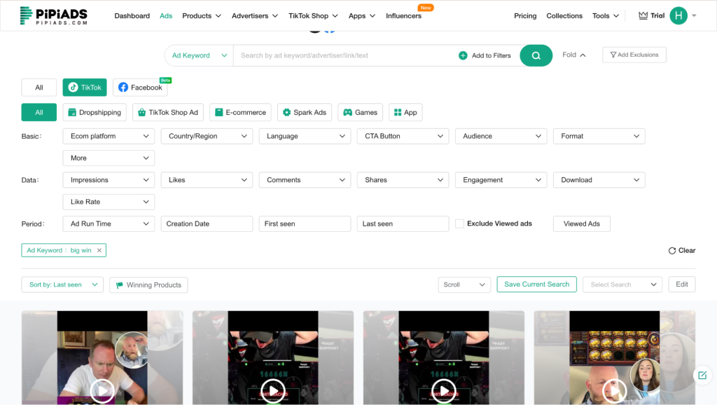 Поиск креативов в PIPIADS