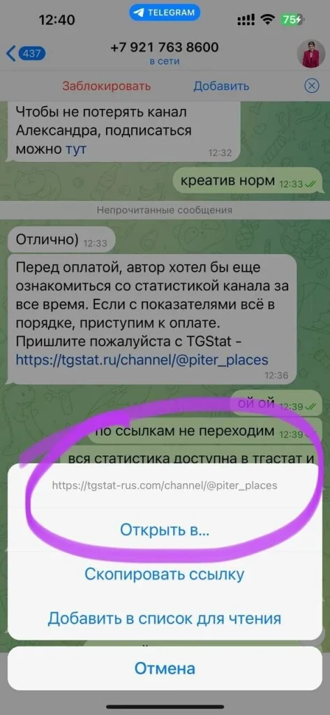 Пример фишинговый ссылки, которую используют для обмана при продаже канала