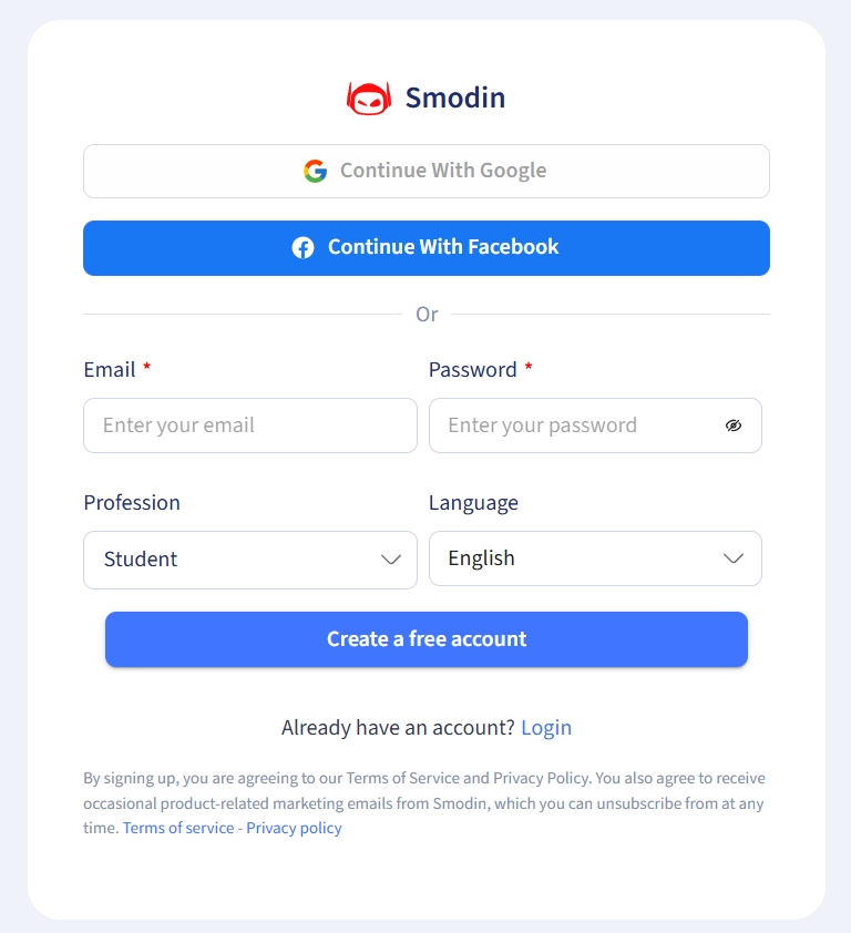 Форма регистрация в Smodin.
