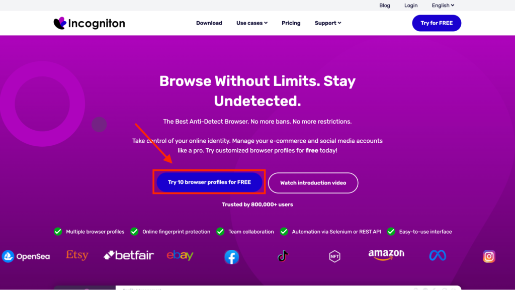 Нажмите «Try 10 browser profile for FREE» на главной странице