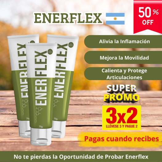 Несколько тюбиков Enerflex на фоне, упор на аргентинский флаг и скидку 50% для средства, снимающего воспаление и улучшающего подвижность суставов