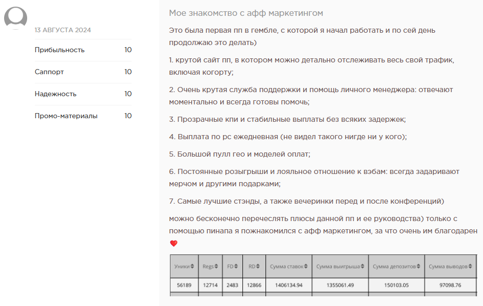 Положительный отзыв о партнерской программе PIN-UP Partners