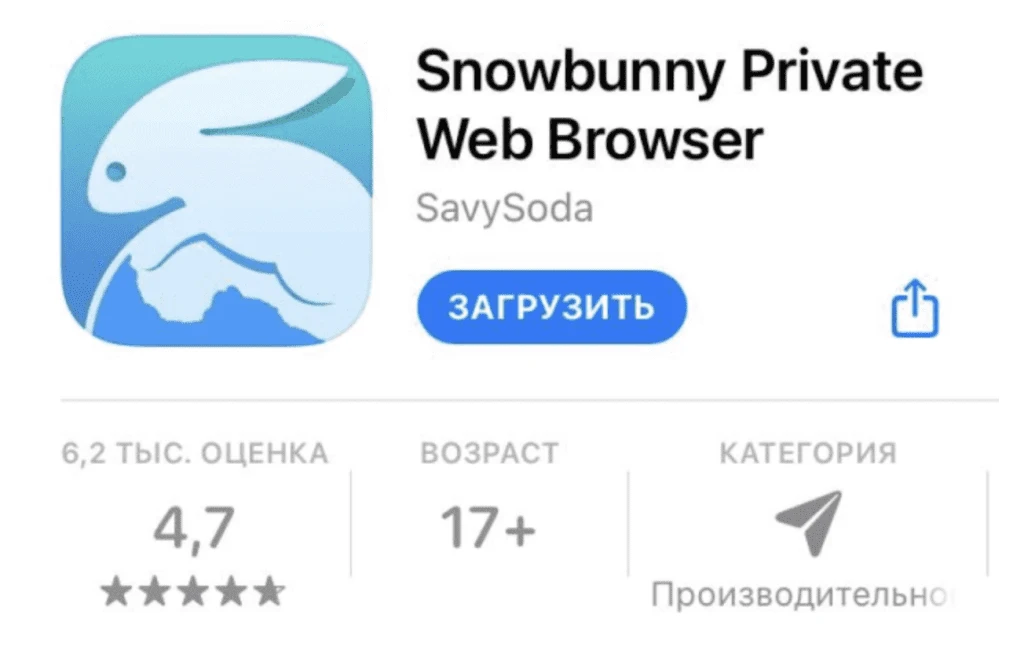 Приложение Snowbunny Private Web Browser на iOS