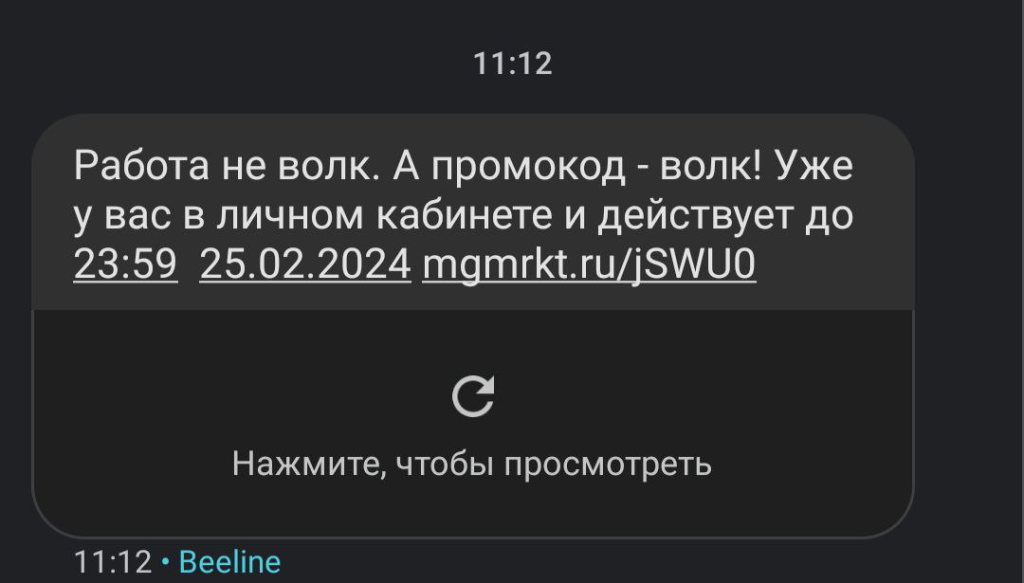 Скриншот SMS-сообщения от Beeline с промокодом “волк”, действующим до 25.02.2024, и призывом перейти по ссылке в личном кабинете.
