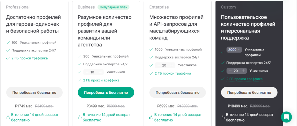 Тарифы GoLogin от 1749 до 10499 рублей в месяц