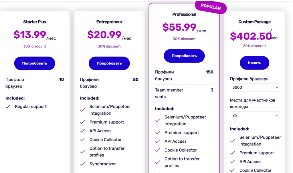 Тарифы в антидетект браузере инкогнитон
