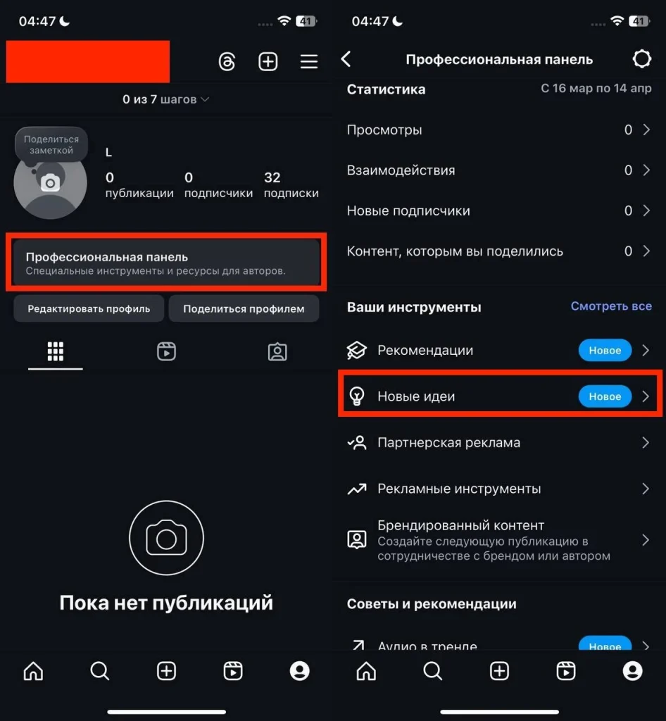 Раздел «новые идеи» находится в профессиональной панели