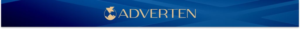 Синий логотип с надписью Adverten на темном фоне