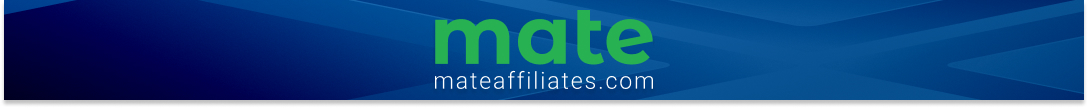 Логотип Mate Affiliates на синем фоне для маркетинга