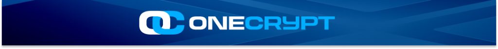 Логотип Onecrypt синие и белые цвета на фоне