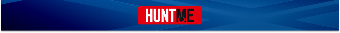 Логотип Hunt Me на фоне синих геометрических узоров