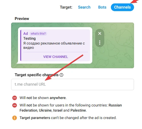 Интерфейс создания объявления с настройками целевой аудитории
