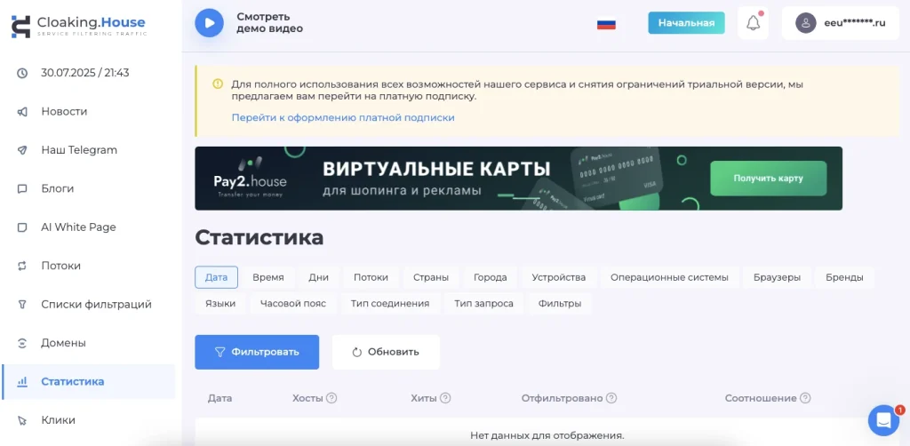 Панель управления статистикой на сайте с меню слева