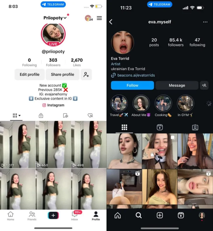 TikTok and Instagram profiles used to promote OnlyFans content.