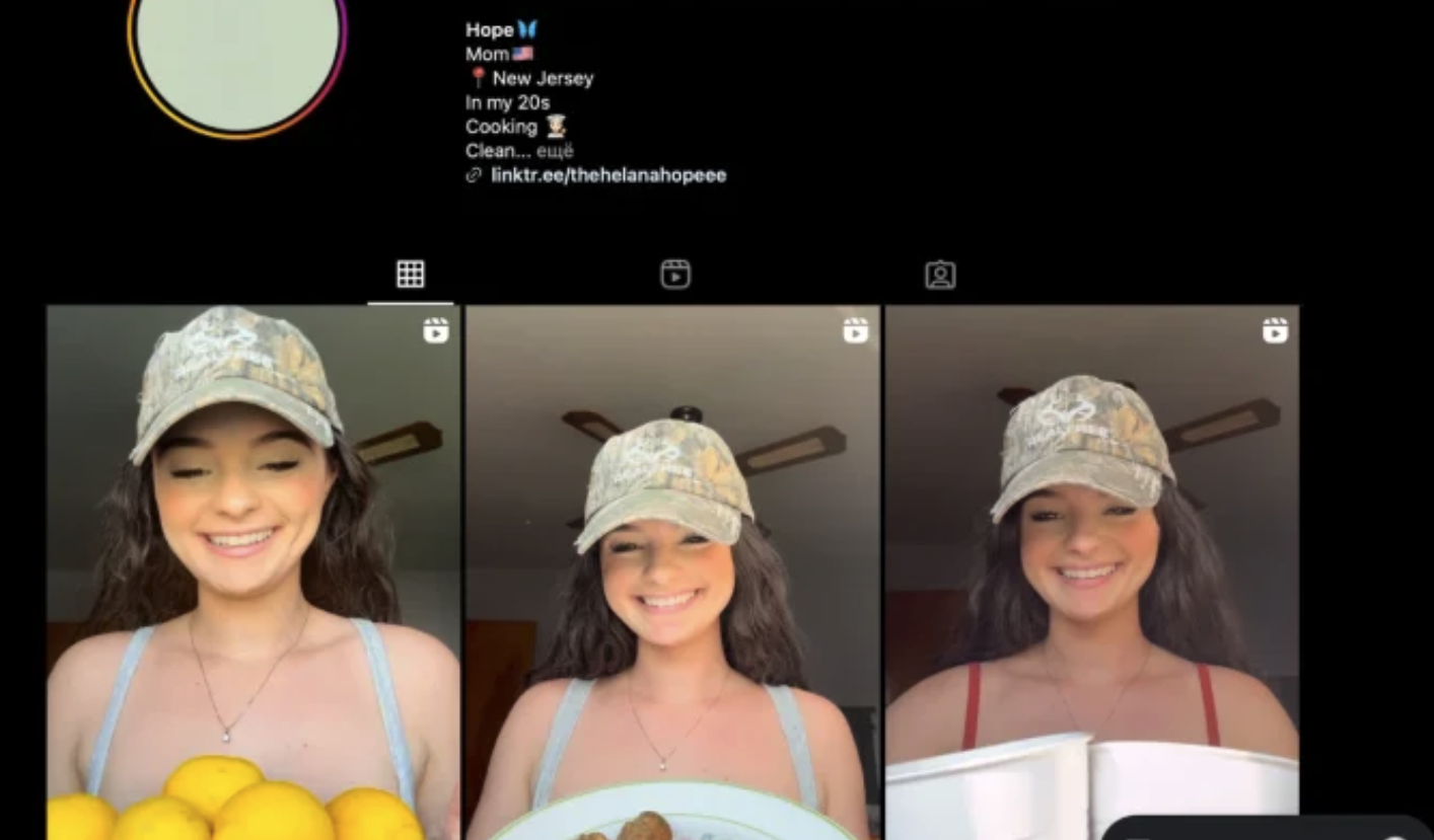 Instagram profile of a young woman named Hope from New Jersey, showing bio details and three preview videos where she is smiling in a cap and holding food.