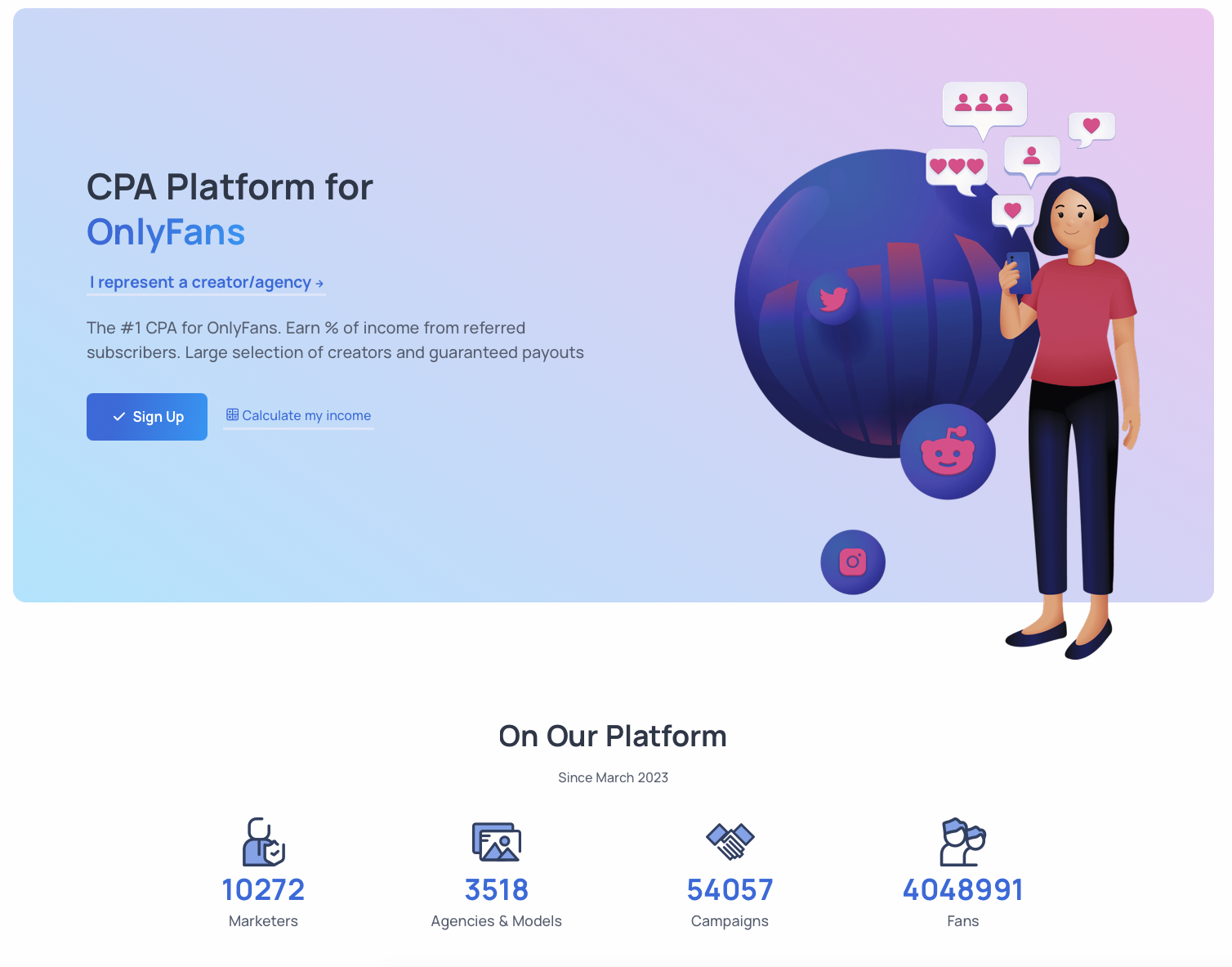 CPA platform for OnlyFans with stats on marketers, agencies, campaigns, and fans.