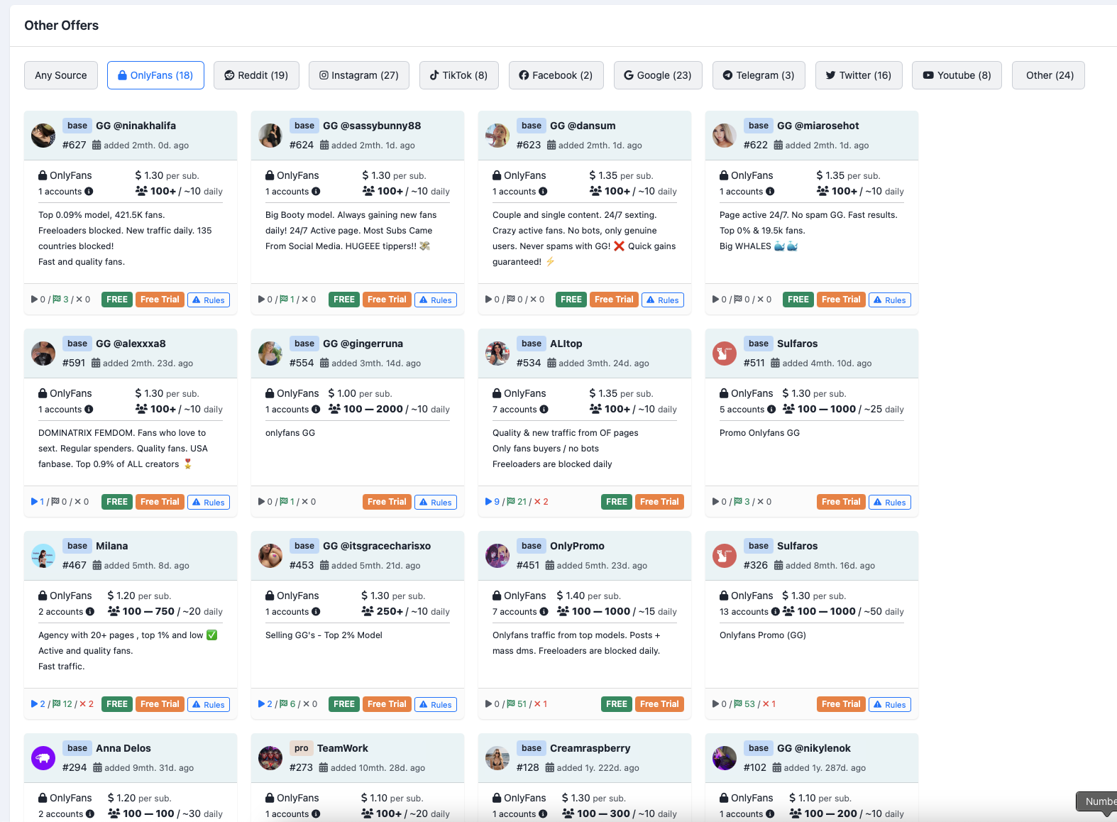 OnlyFans affiliate offers dashboard showing payouts, accounts, and traffic stats.