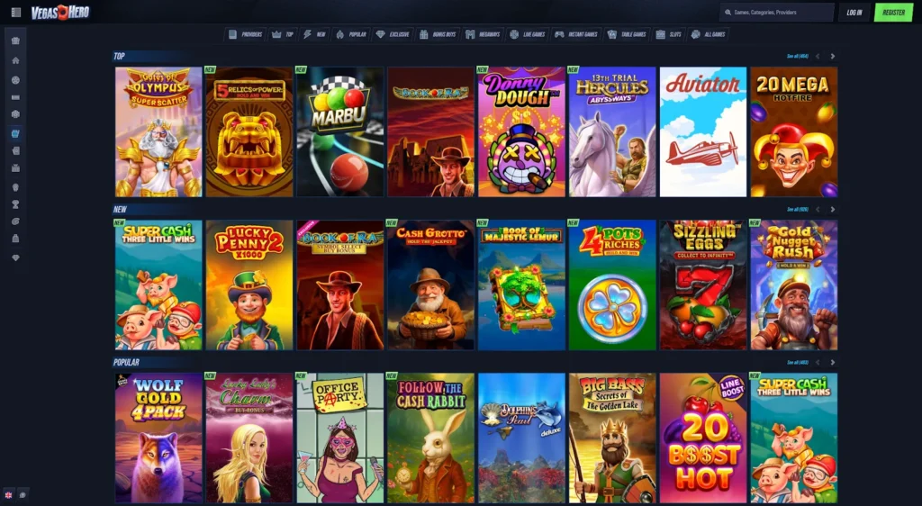 Интерфейс казино с популярными играми на экране