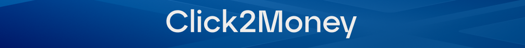 Текст логотипа Click2Money на синем фоне.