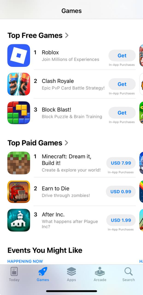 Список рекомендованных мобильных игр на основе загрузок