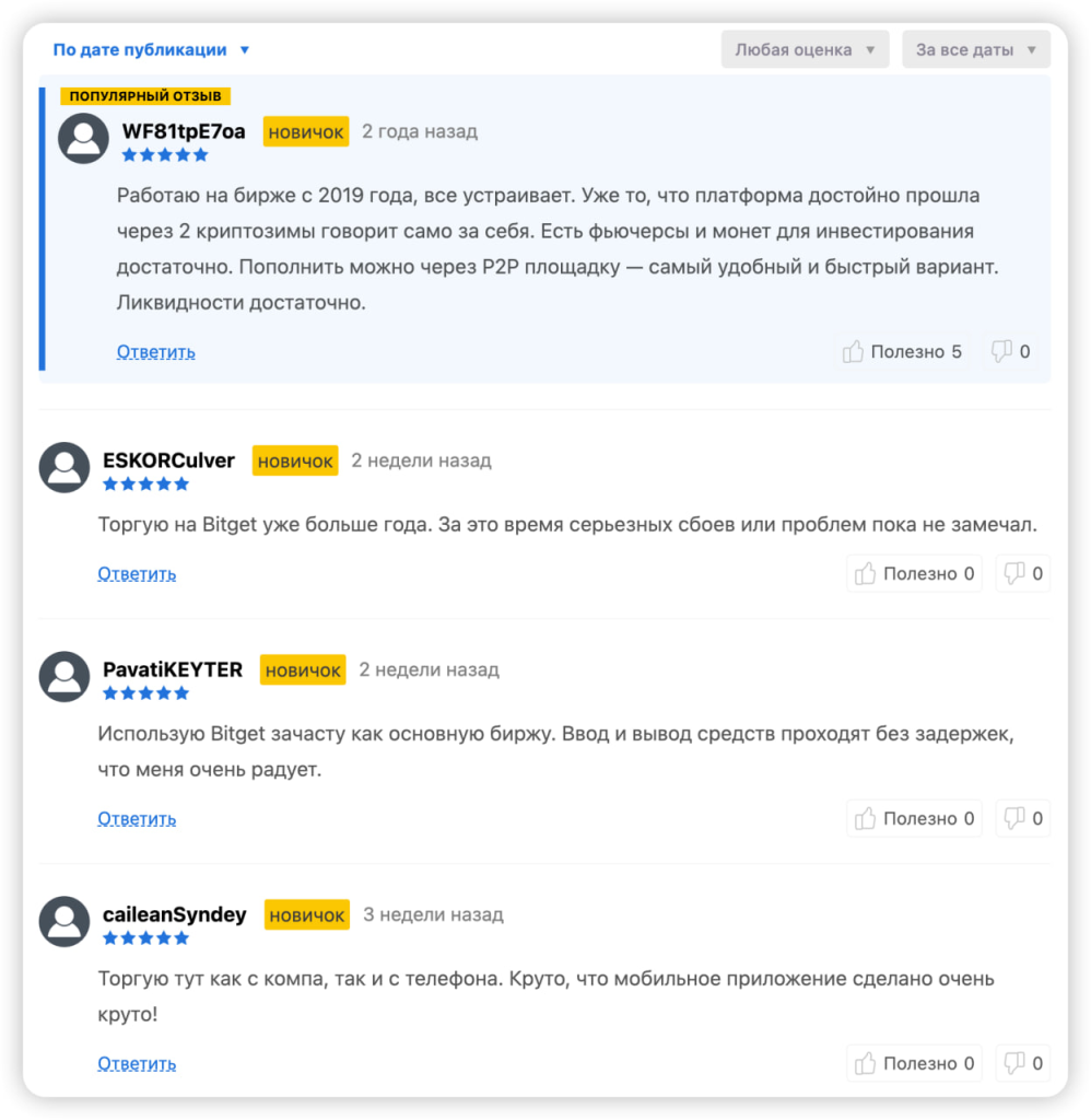 Отзывы пользователей о платформе Bitget на сайте.