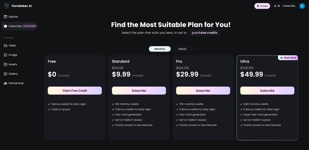 Pornmaker.ai pricing plans and subscription options