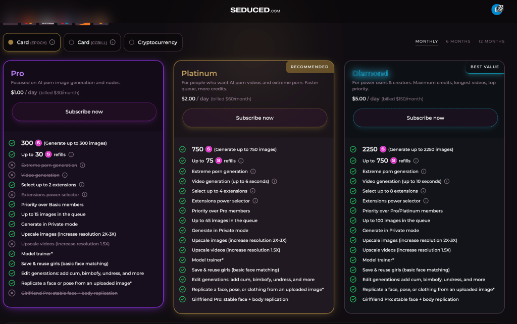Seduced pricing table with plans and features