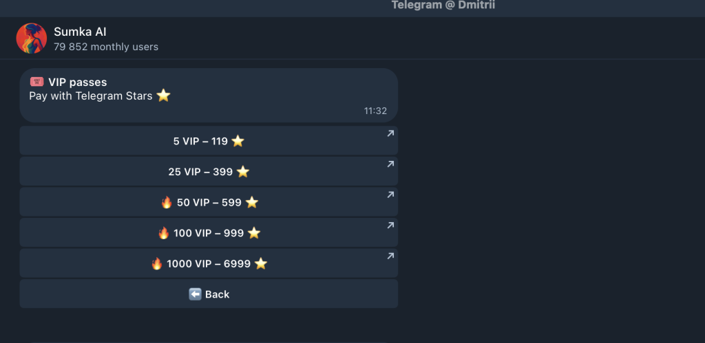 Chatbot Sumka AI offers VIP passes on Telegram