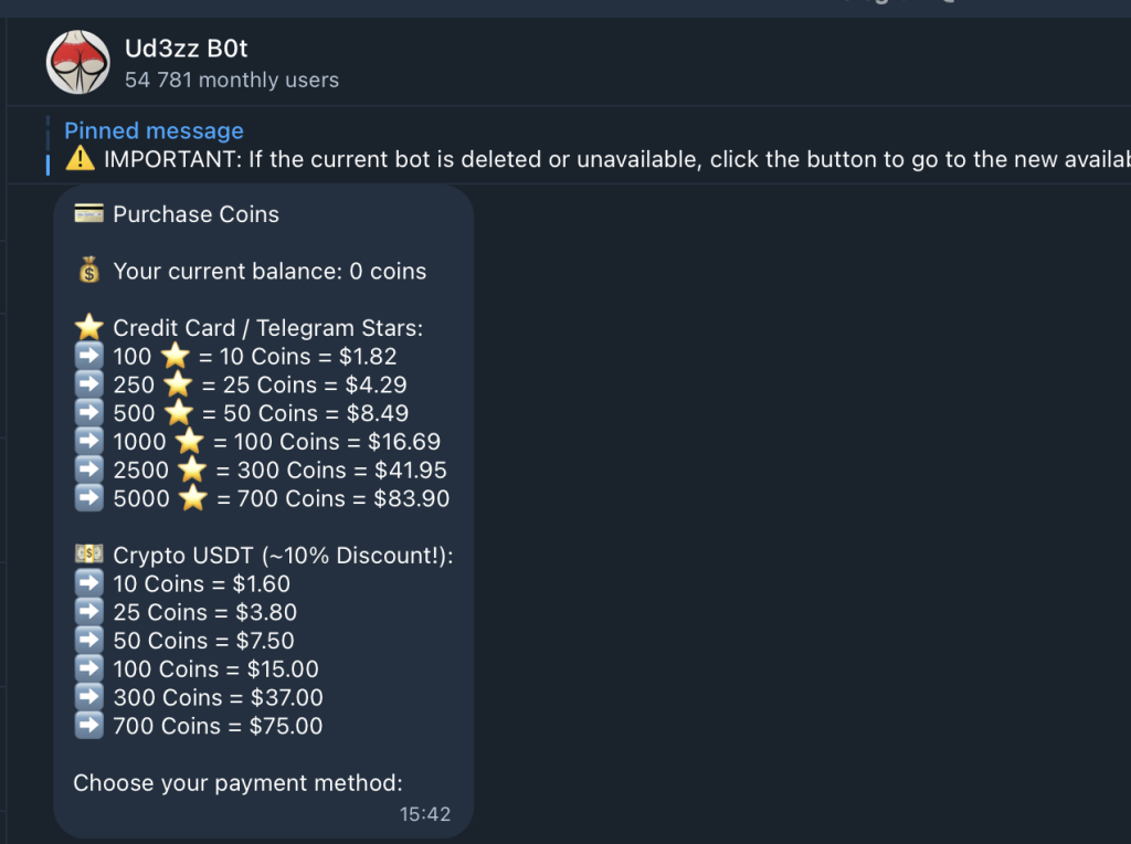 Undrezz deepnude Telegram bot pricing interface