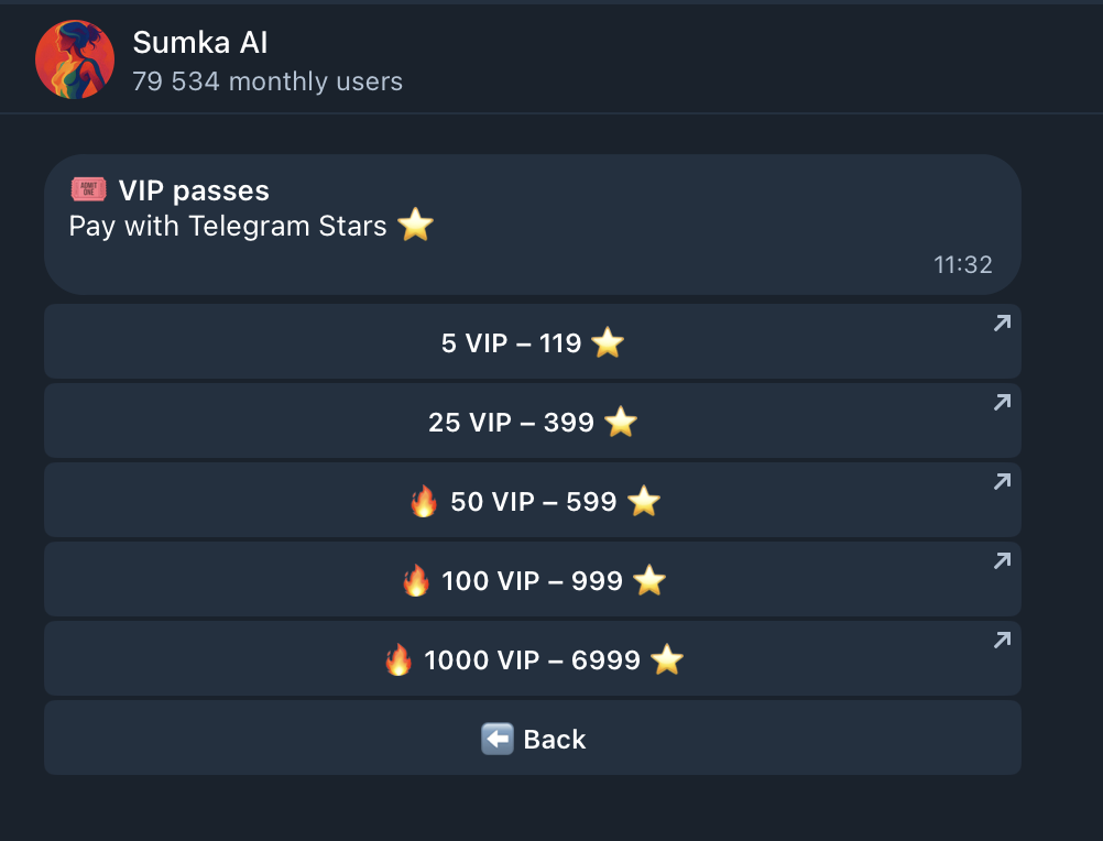 Sumka AI deepnude Telegram bot VIP purchase screen