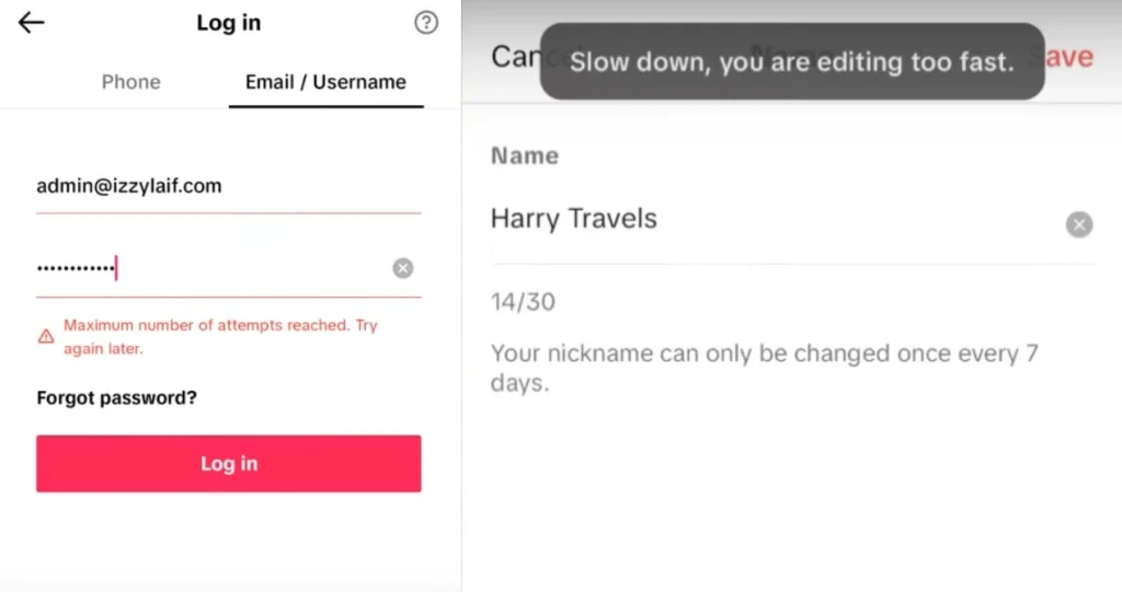 TikTok errors “Too many attempts” and “Slow down” during account login and profile editing