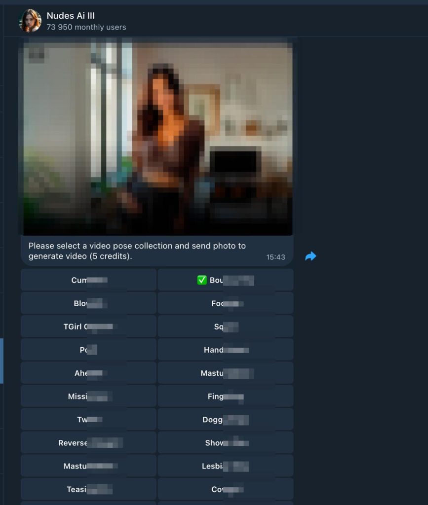 Nudes AI deepnude Telegram bot interface