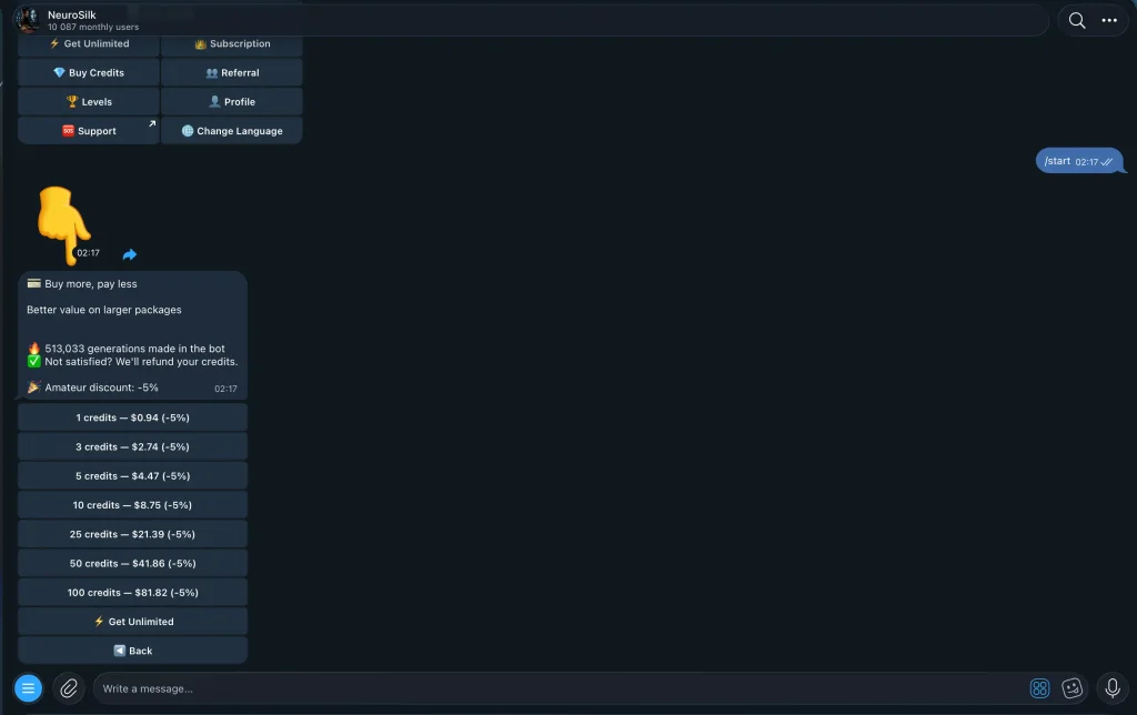 Price in NeuroSilk nudify bot