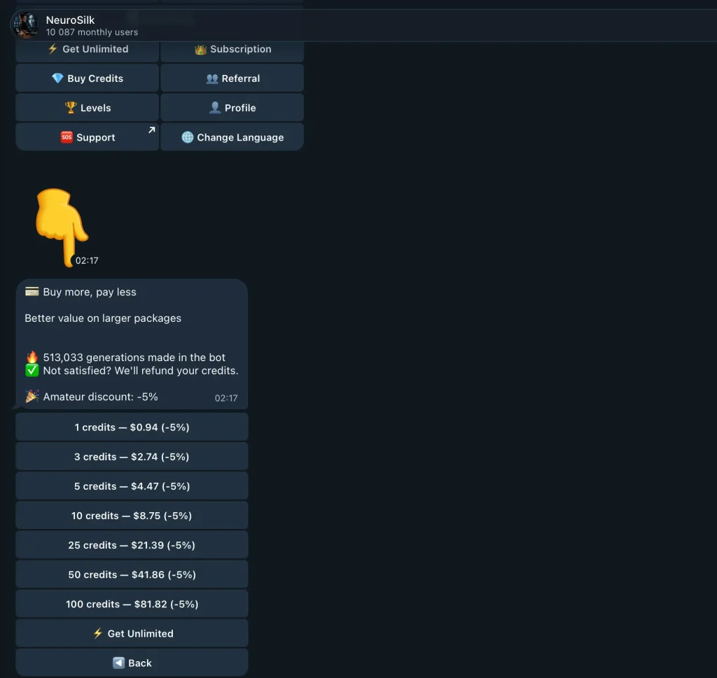 Credits price in bot