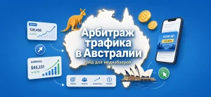 Обложка статьи об арбитраже трафика в Австралии с картой материка и маркетинговыми иконками