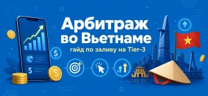 Обложка статьи об арбитраже трафика во Вьетнаме с иконками смартфона, графика роста и вьетнамских символов