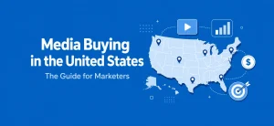 Cover illustration showing a stylized USA map with digital advertising icons next to the title Media Buying in the United States on a blue background