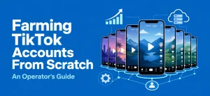 Cover illustration showing smartphones with TikTok interfaces and network connections representing account farming on a blue background