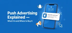 Cover illustration showing a smartphone with a push notification next to bold headline Push Advertising Explained on a blue background
